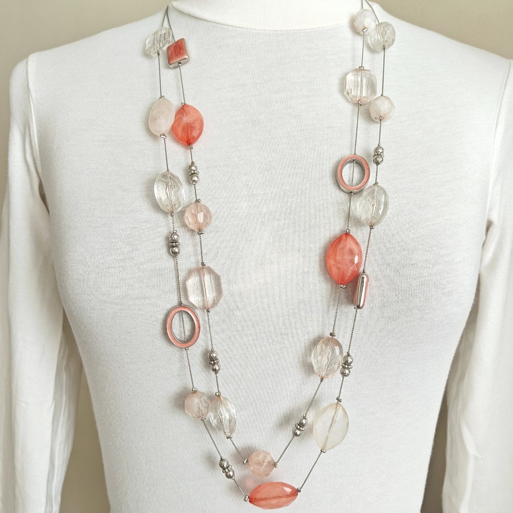 NY & Co Coral Pink Clear Mixed Bead Double Strand Layered Necklace Silver Tone